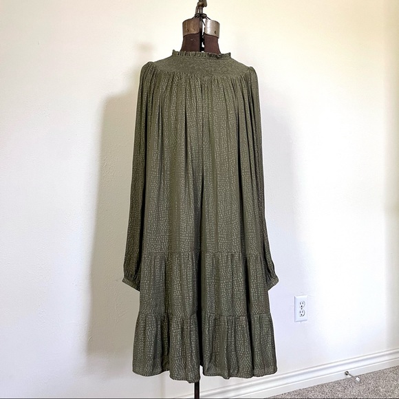LOFT Fresh Ivy Green Smocked Yoke Swing Dress Women Size XL Long Sleeve Olive - Picture 2 of 11